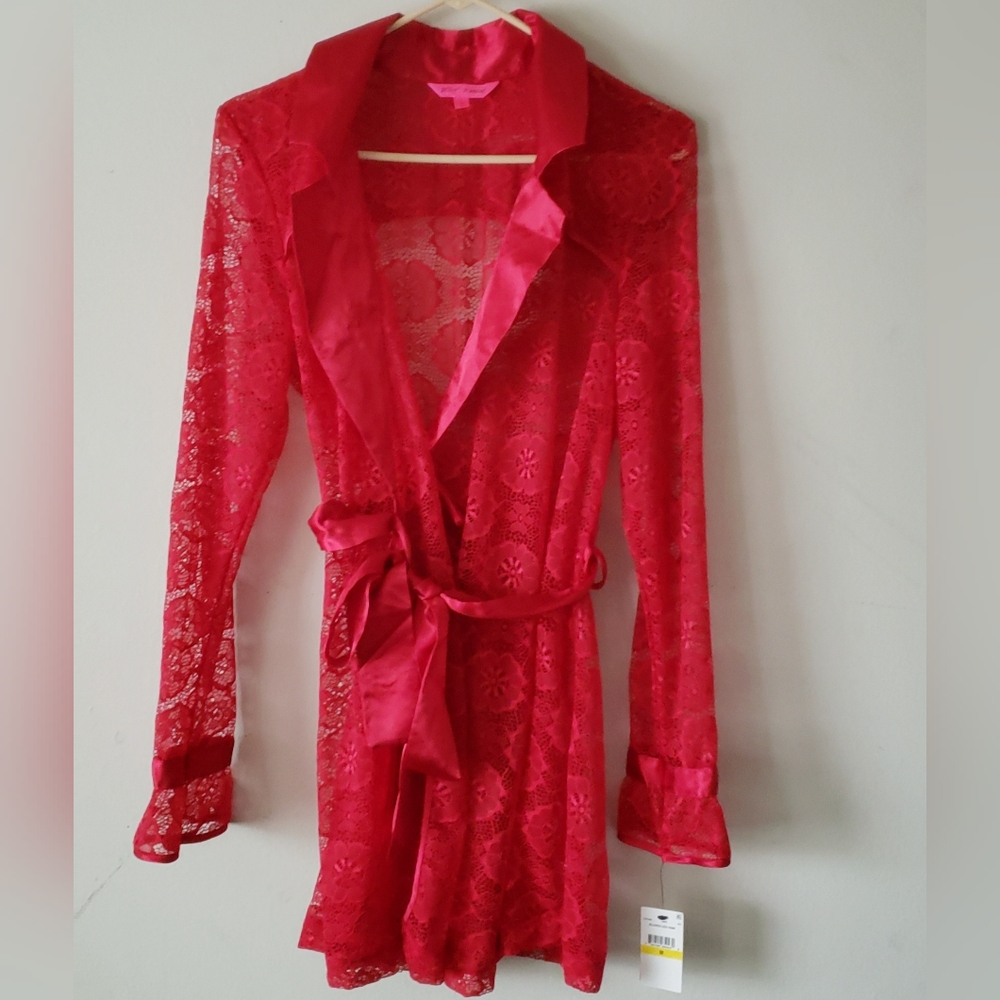 Betsey Johnson Womans Red Lace Robe Trench Jacket Size Small